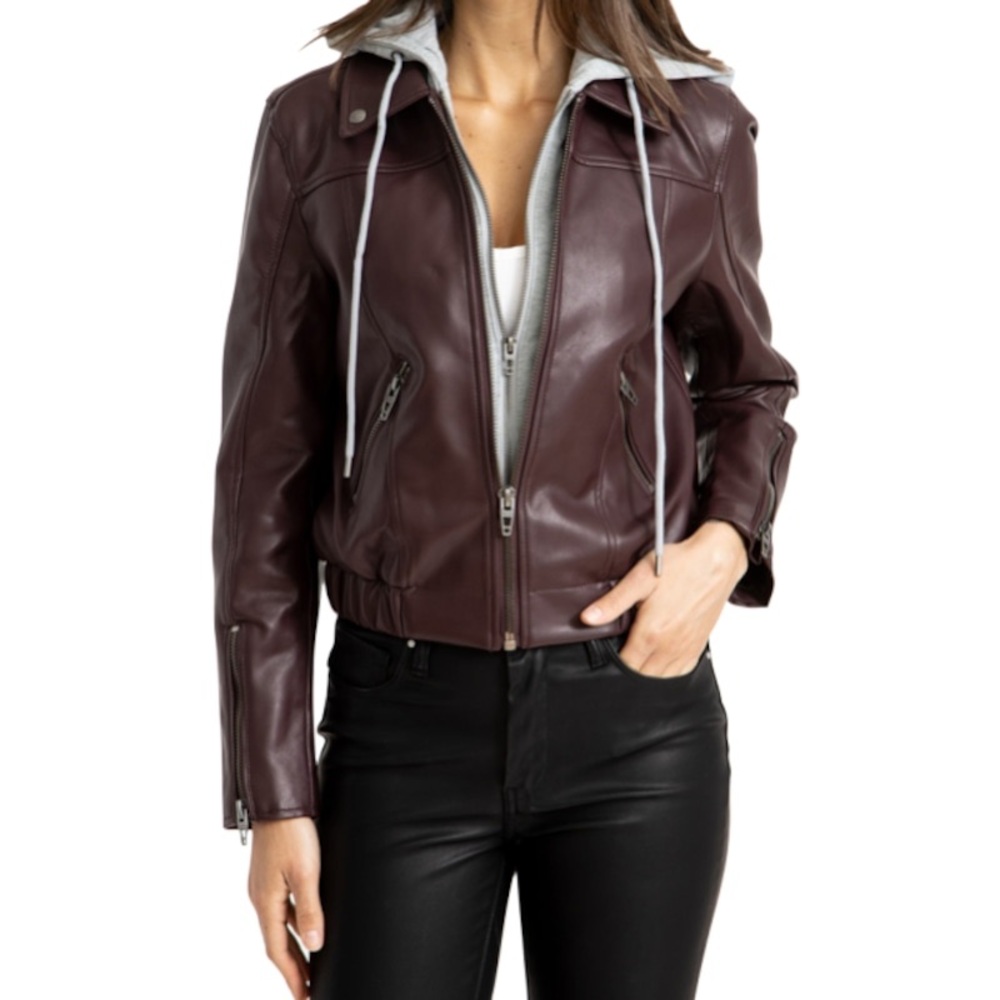BLANKNYC | Faux Leather Bomber Jacket with Removable Hood, Burgundy